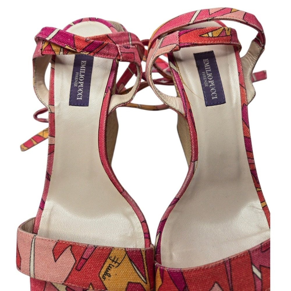 Emilio Pucci Y2K Raffia Espadrille Wedge Sandals 38 Pink Abstract Italy Tie Heel - Picture 9 of 16